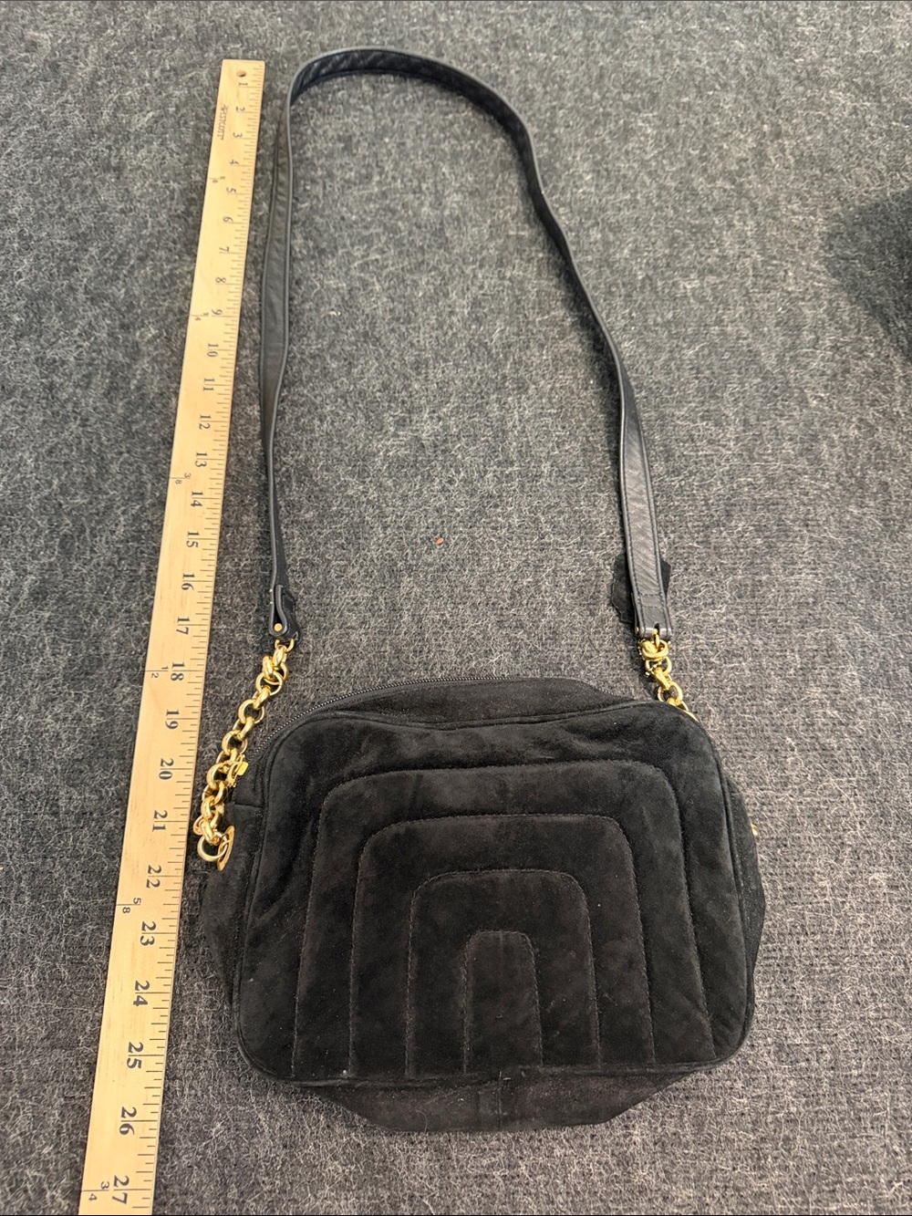 Black Quilted Suede/Leather Shoulder Bag with Gold Chain Accent - Picture 6 of 11